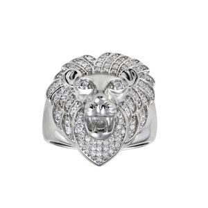 Sterling Silver 925 Rhodium Plated Men's Lion CZ Ring